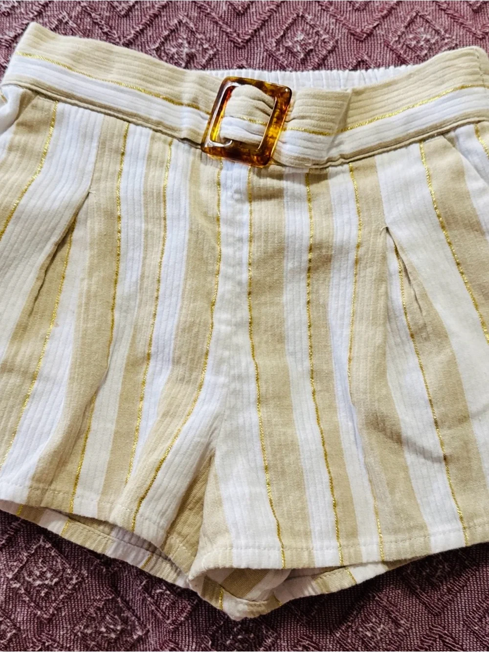 Janie and Jack Cream and Tan Striped High-Waist Shorts with Buckle Size 3